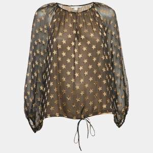 Diane Von Furstenberg Black Star Jacquard Silk Blouse S