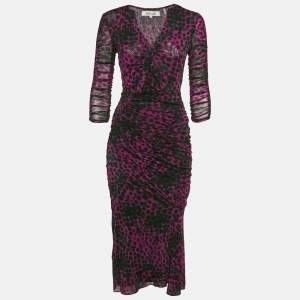 Diane Von Furstenberg Pink/Black Printed Stretch Mesh Ruche Detail Midi Dress S