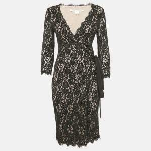 Diane von Furstenberg Black Floral Lace Julianna Wrap Dress L