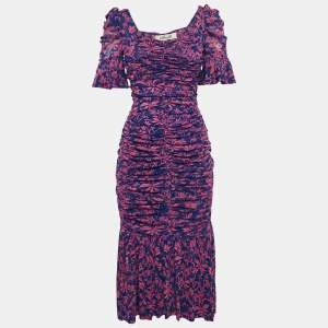 Pre Owned Diane Von Furstenberg Pink/Blue Floral Print Jersey Ruched Dress S