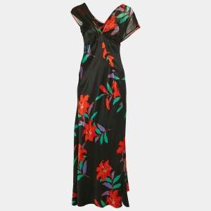 Diane Von Furstenberg Black Floral Print Satin Asymmetric Sleeveless Maxi Dress M