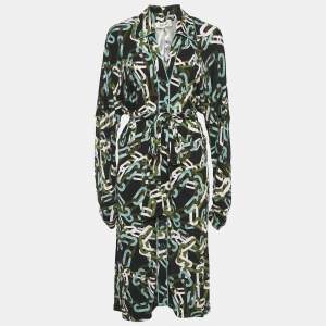 Pre Owned Diane Von Furstenberg Multicolor Chain Print Jersey Button Front Belted Dress M