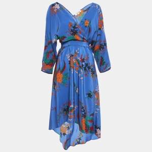 Pre Owned Diane Von Furstenberg Blue Printed Silk Wrap Detail Midi Dress S
