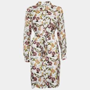 Pre Owned Diane Von Furstenberg White Printed Silk Belted Shirt Dress L