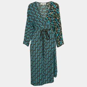 Pre Owned Diane Von Furstenberg  Multicolor Logo Print Satin Wrap Detail Midi Dress L