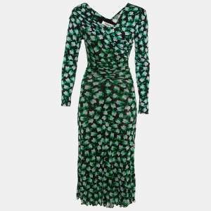 Diane Von Furstenberg Black Floral Print Jersey & Mesh Leia Midi Dress S