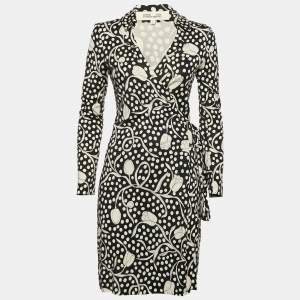 Diane Von Furstenberg Navy Blue/White Floral Print Jersey Wrap Dress S