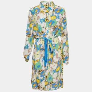 Diane Von Furstenberg Yellow Printed Crepe Belted Midi Dress L