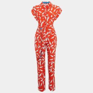 Diane Von Furstenberg Red Benji Print Crepe Tie-Up Detail Jumpsuit S