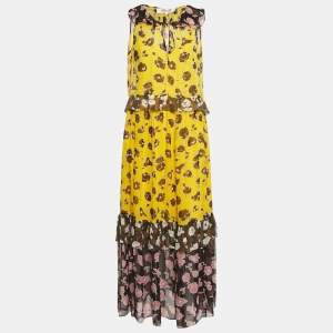 Diane von Furstenberg Yellow Floral Print Silk Long Dress S