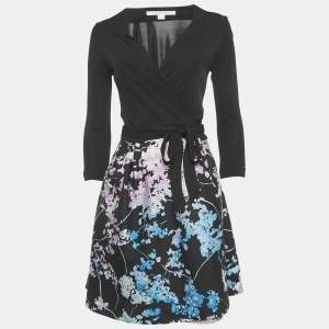 Diane Von Furstenberg Black Floral Print Jersey and Crepe Valerie Dress S