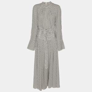 Diane Von Furstenberg White/Black Dot Print Stretch Silk Belted Maxi Dress XL