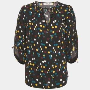 Diane Von Furstenberg Black Polka Dot Print Crepe Blouson Sleeve Tunic Top M