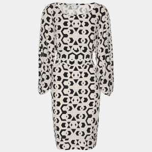 Diane Von Furstenberg Cream/Black Printed Silk Belted Dress S
