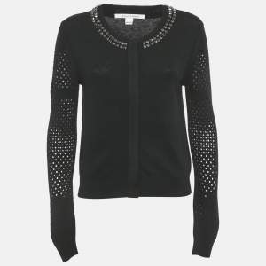 Pre Owned Diane Von Furstenberg Black Wool Blend Stud Detail Cardigan M