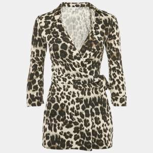 Pre Owned Diane Von Furstenberg Animal Print Cotton Wrap Around Playsuit XS 