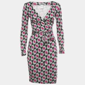 Pre Owned Diane Von Furstenberg Pink/Green Jersey New Julian Wrap Dress XS
