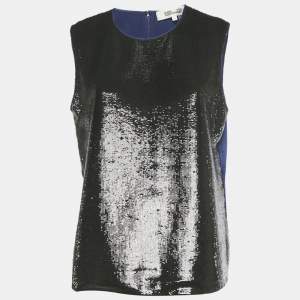 Pre Owned Diane Von Furstenberg Black/Blue Sequined Satin Sleeveless Blouse M
