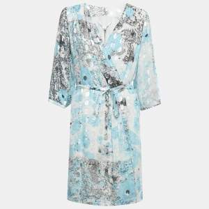 Pre Owned Diane Von Furstenberg Blue /Sliver Printed Met Dot Silk Short Wrap Dress L