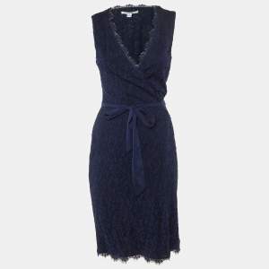 Pre Owned Diane Von Furstenberg Navy Blue Lace Julianna Wrap Dress M