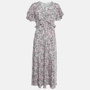 Pre Owned Diane Von Furstenberg Mauve Printed Silk Frill Detail Maxi Dress S