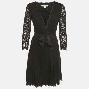 Pre Owned Diane Von Furstenberg Black Lace Wrap Around Mini Dress M