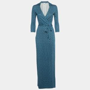 Pre Owned Diane Von Furstenberg Blue Printed Silk Wrap Around Maxi Dress XS