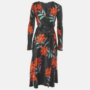 Pre Owned Diane Von Furstenberg Black Floral Print Silk Midi Wrap Dress M