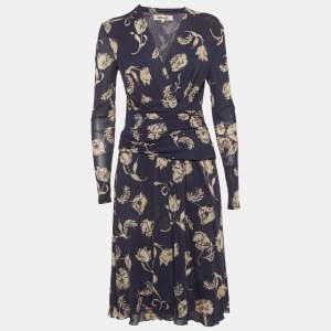 Pre Owned فستان ديان فون فرستنبرغ كحلي بطبعة زهور قميص لف متوسط (ميديوم)