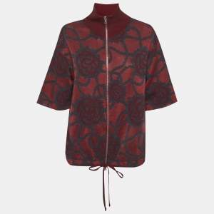 مملوكة مسبقًا Diane Von Furstenberg Red Rose Pattern Zip-Up Knitwear M