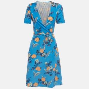 Pre Owned Diane Von Furstenberg Blue Floral Print Silk Wrap Dress S
