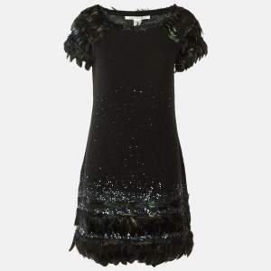 Pre Owned فستان ديان فون فرستنبرغ صوف محبوك مع لؤلؤ أسود ميني مقاس ميديوم