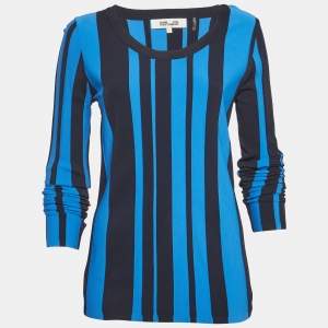 مملوكة مسبقًا Diane von Furstenberg Blue Striped Knit Long Sleeve Top L