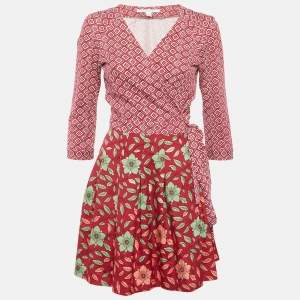 Pre Owned Diane Von Furstenberg Pink Printed Jersey and Cotton Jewel Wrap Dress M