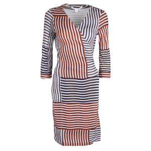 Pre Owned Diane Von Furstenberg Irreguar Striped Silk Jersey New Julian Two Wrap Dress M