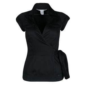 Diane Von Furstenberg Black Cotton Contrast Stitch Detail Wrap Shirt XS