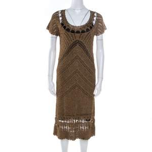 Pre Owned Diane Von Furstenberg Dull Gold Perforated Crochet Knit Kalakaua Dress L