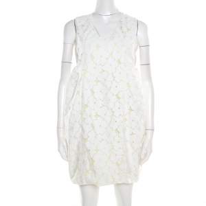 Pre Owned Diane Von Furstenberg White and Lime Floral Lace Sleeveless Clydeena Dress M