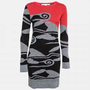 Pre Owned Diane von Furstenberg Multicolor Intarsia Cloud Patterned Wool Sweater Dress S