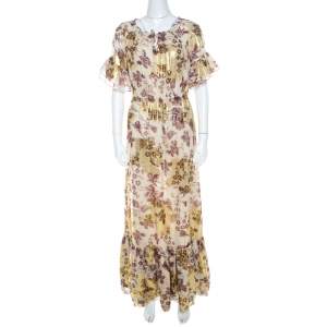 Pre Owned Diane Von Furstenberg Raisin Floral Print Lurex Insert Ruffled Jane Maxi Dress S