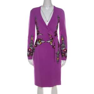 Pre Owned Diane von Furstenberg Crepe Floral Applique Violette Soft Iris Wrap Dress XS