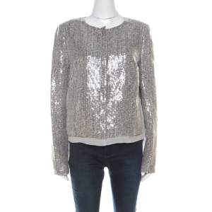 Pre Owned Diane von Furstenberg Silver Sequin Embellished Tweed Tamali Jacket L 