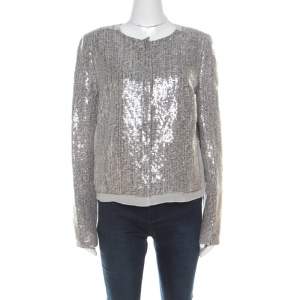 Diane von Furstenberg Silver Sequin Embellished Tweed Tamali Jacket L 