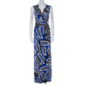 Pre Owned Diane Von Furstenberg Blue Printed Silk Jersey Orchid Maxi Wrap Dress M