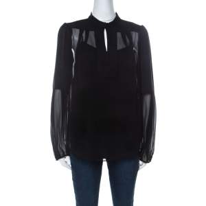 Pre Owned Diane Von Furstenberg Black Chiffon Bishop Sleeve Isolde Top L