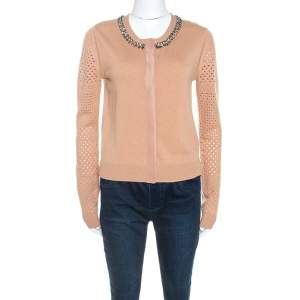 Diane Von Furstenberg Camel Wool Blend Perforated Sleeve Detail Donna Cardigan M