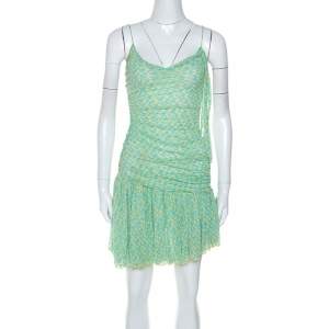 Pre Owned Diane Von Furstenberg Green printed Silk Mesh Drop Waist Louie Dress M