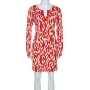 Diane Von Furstenberg Coral Red Ikat Print Silk Reina Long Sleeve Dress L