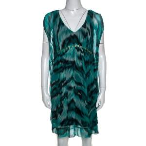 Pre Owned Diane Von Furstenberg Green Printed Silk Embellished Simea Dress M