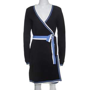 Pre Owned Diane Von Furstenberg Black Knit Striped Detail Wrap Dress S 
